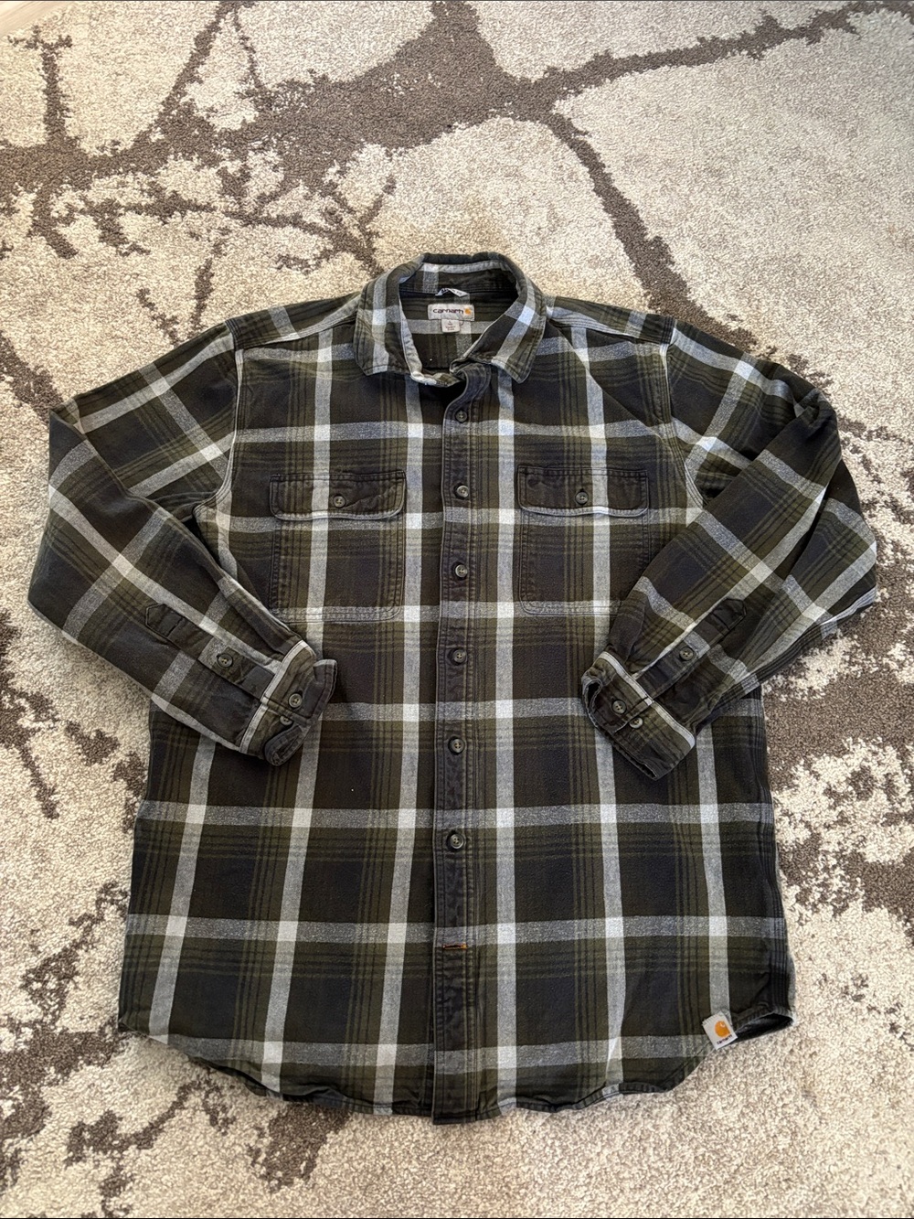Carhartt - Men's Olive Green & Black Plaid Long-Sleeve Flannel Work Shirt!!